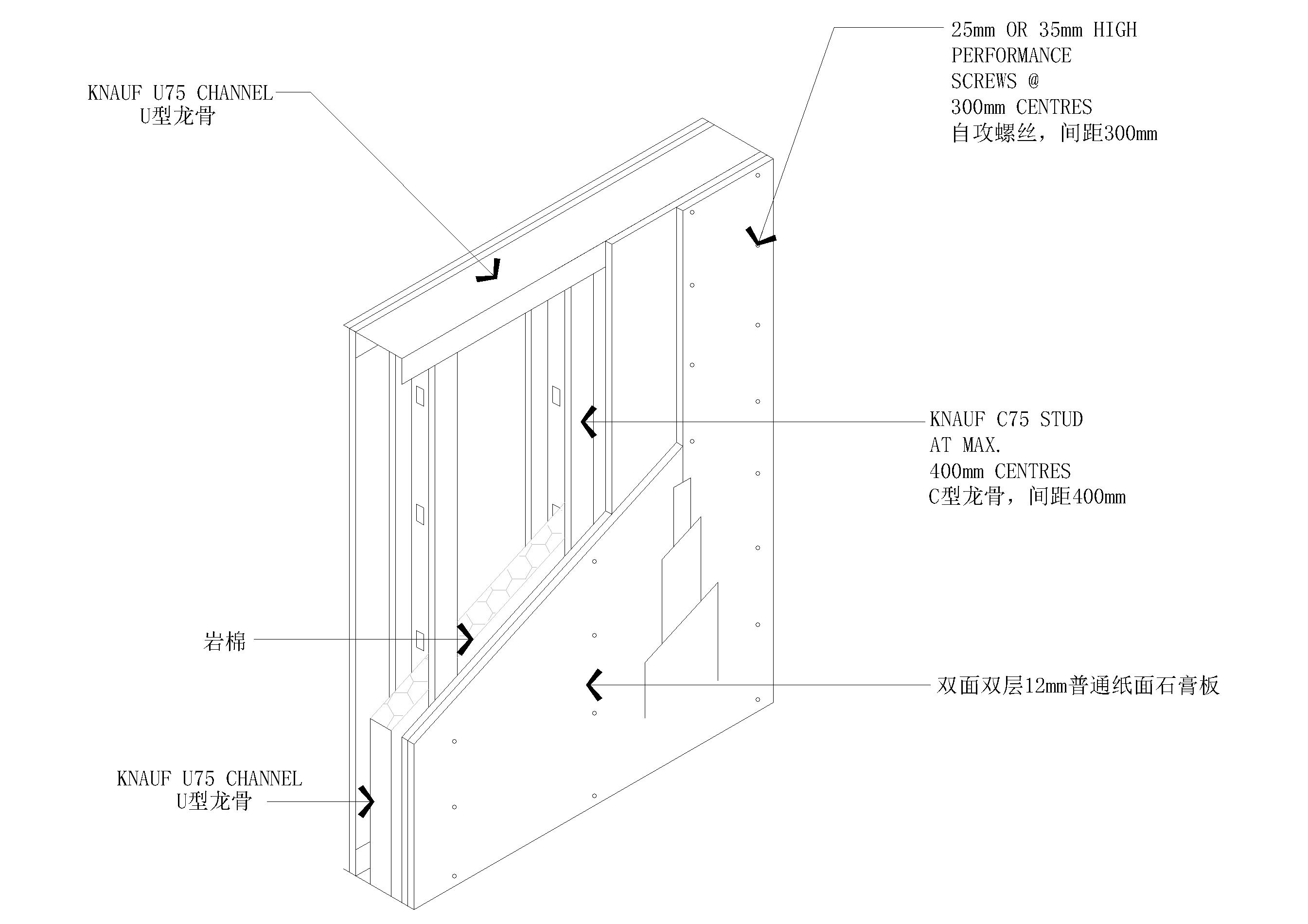 通用轻钢龙骨隔墙透视大样节点