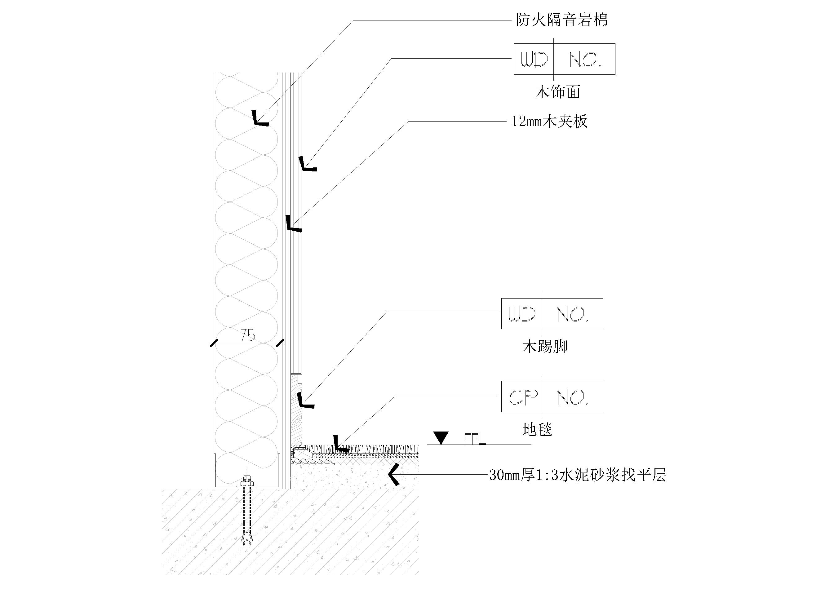 通用轻钢龙骨隔墙透视大样节点-75式轻钢龙骨夹板基层木饰面隔墙