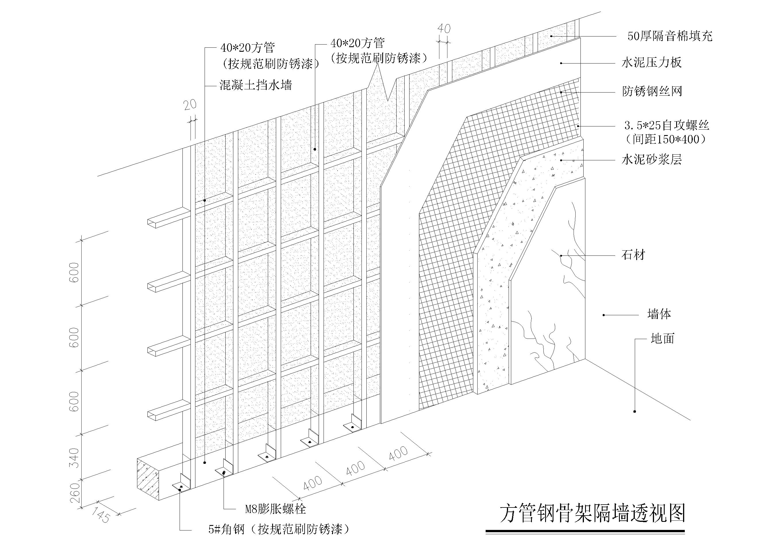 通用轻钢龙骨隔墙透视大样节点