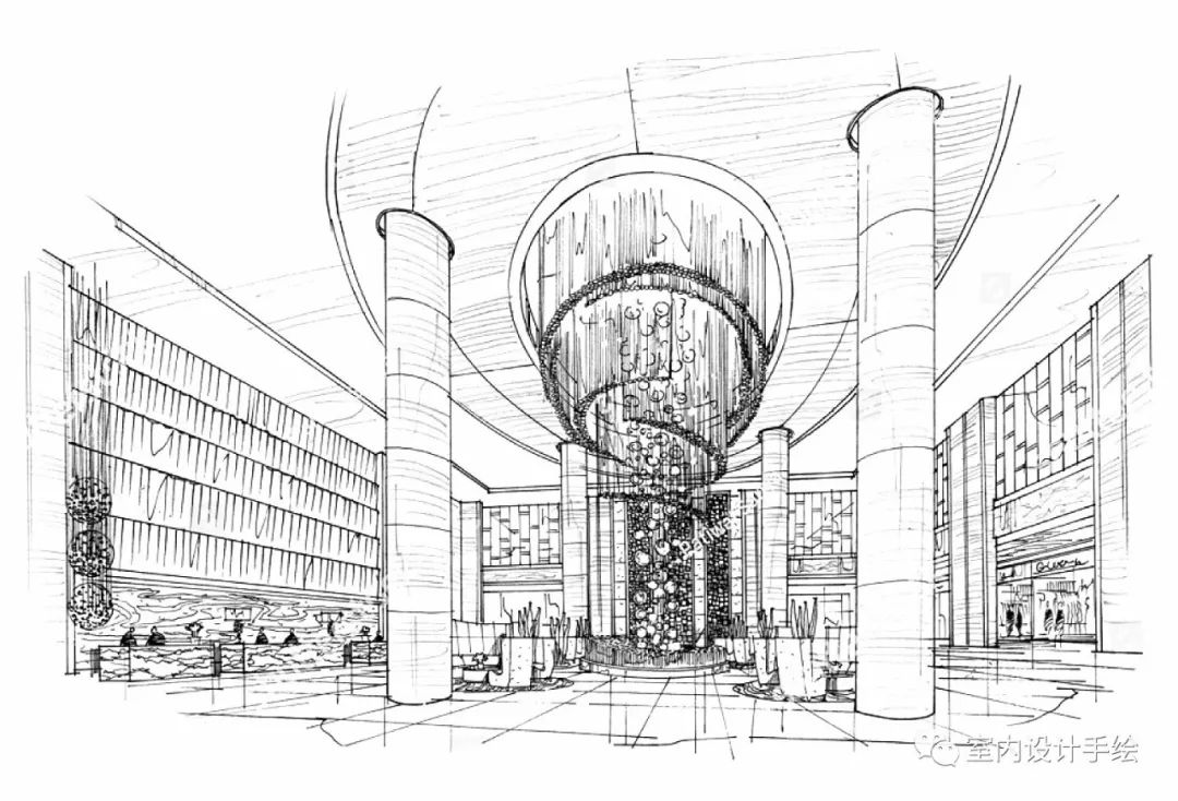酒店大堂室內設計手繪空間線稿